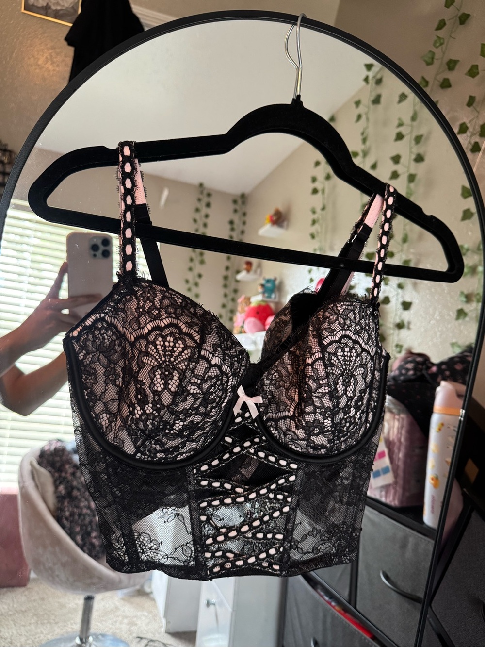Victoria's Secret Black Lace Longline Bralette with Pink Trim